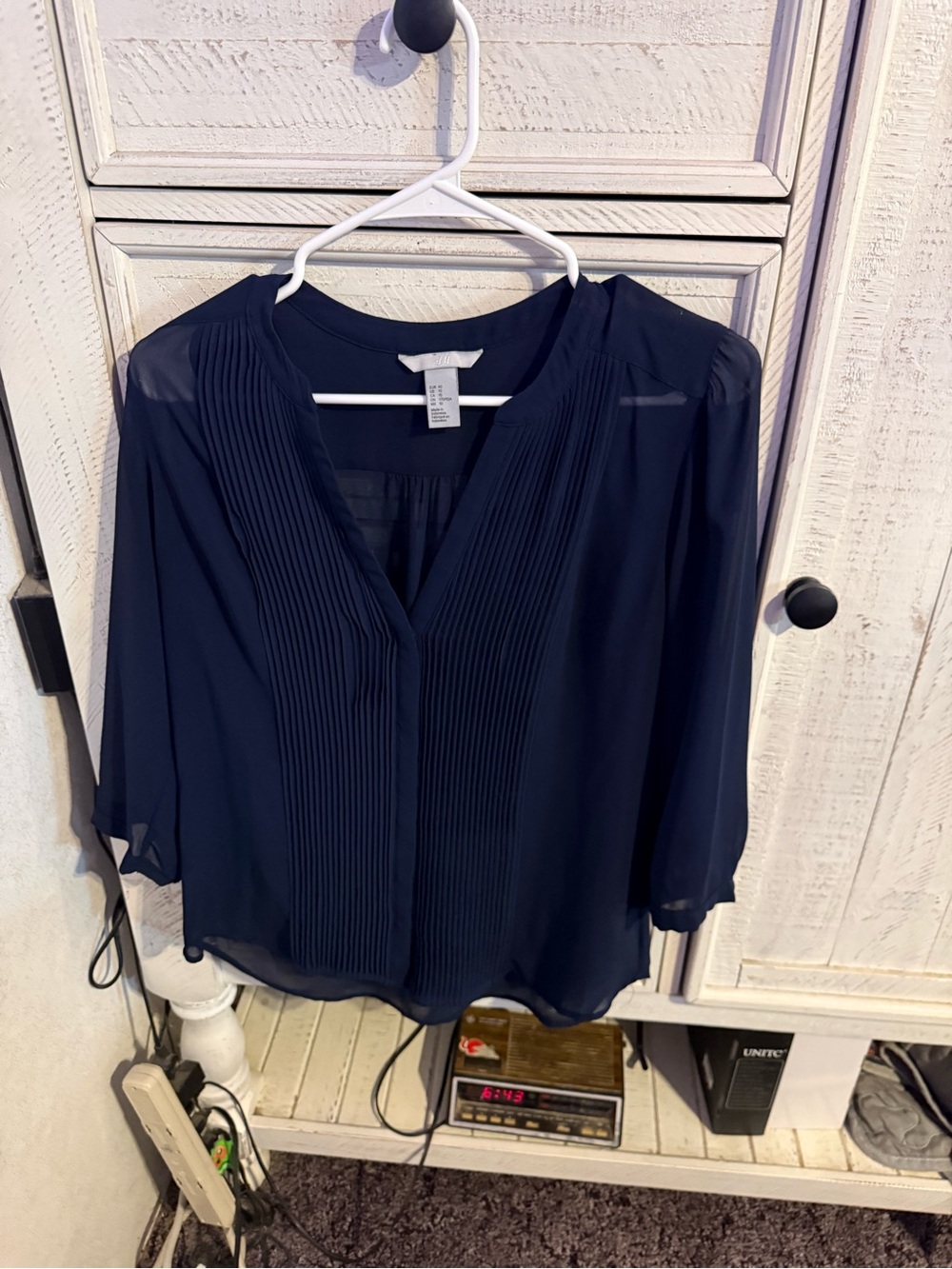 H&M Navy Pleated Front Button-Down Blouse